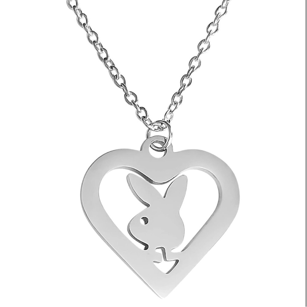 NEW PLAYBOY Cutout Heart Playboy Bunny Pendant Necklace Silver Y2K - Picture 1 of 13